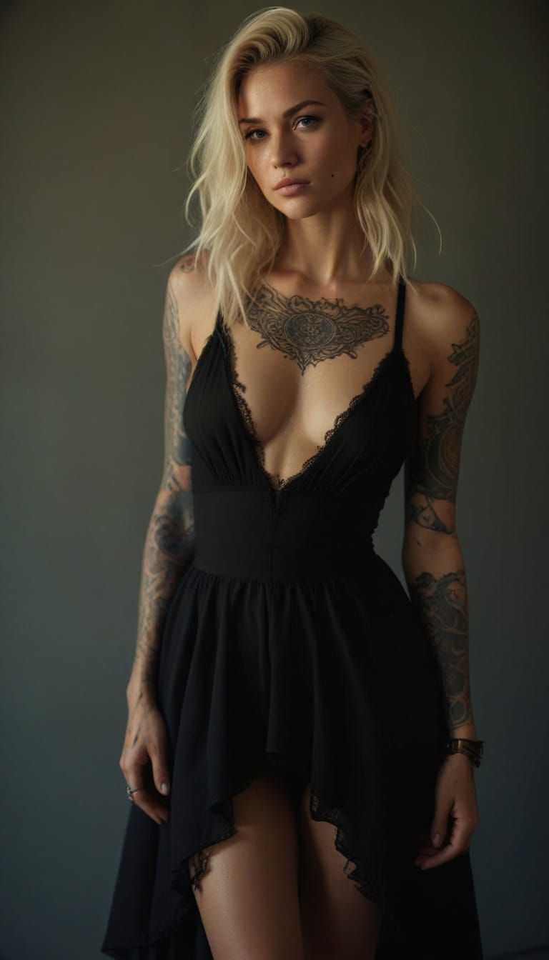 Woman with Intricate Tattoos in Moody Cityscape