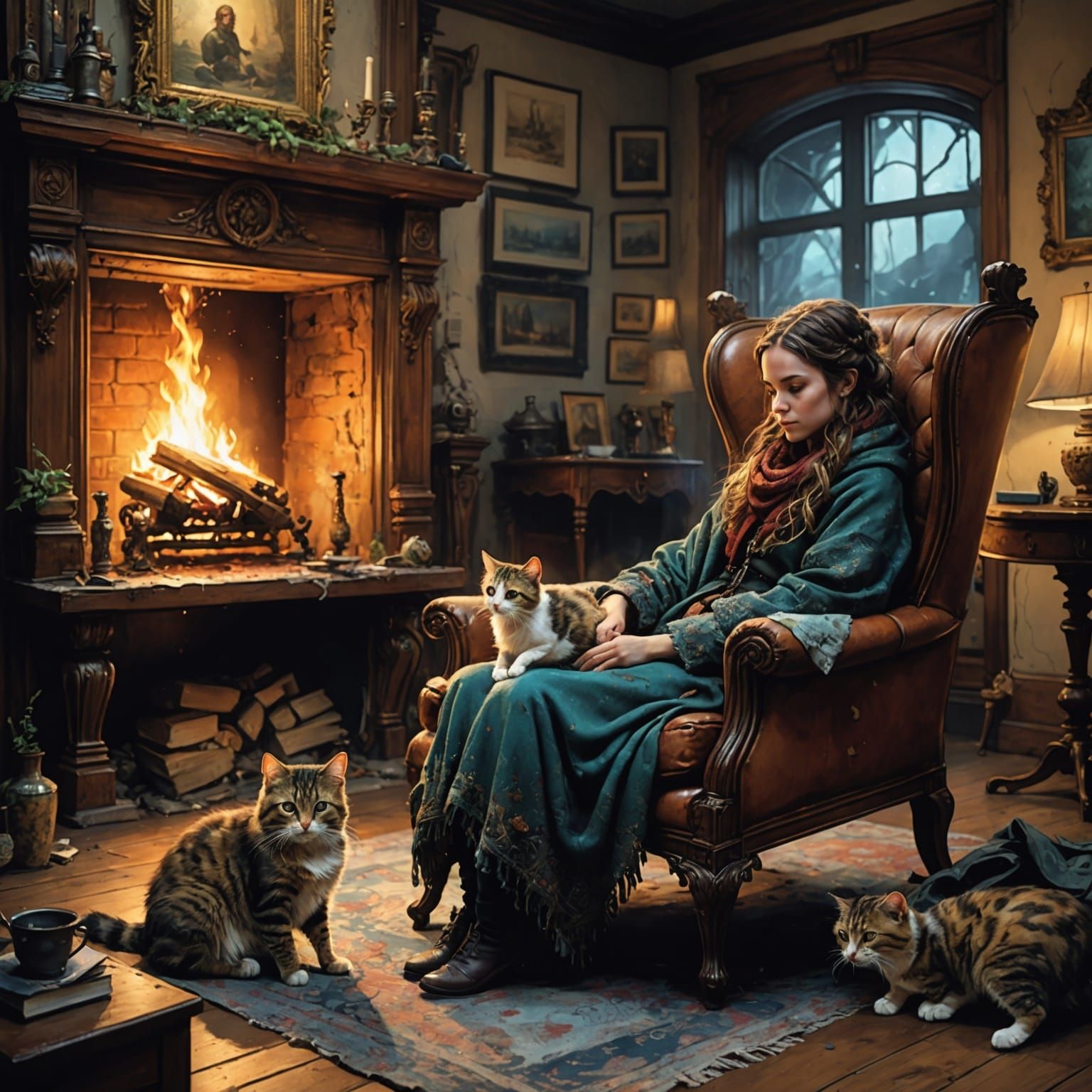 A peaceful living room scene with a glowing fireplace, soft ...