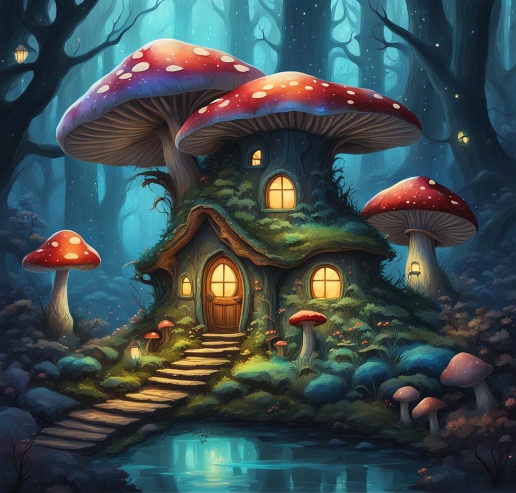Enchanted Fairy Mushroom House in Bioluminescent Forest