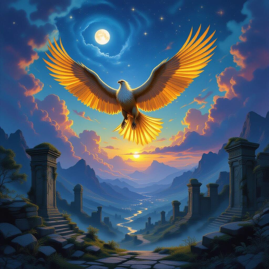 Majestic Golden Griffon Soars Through Cosmic Twilight Sky