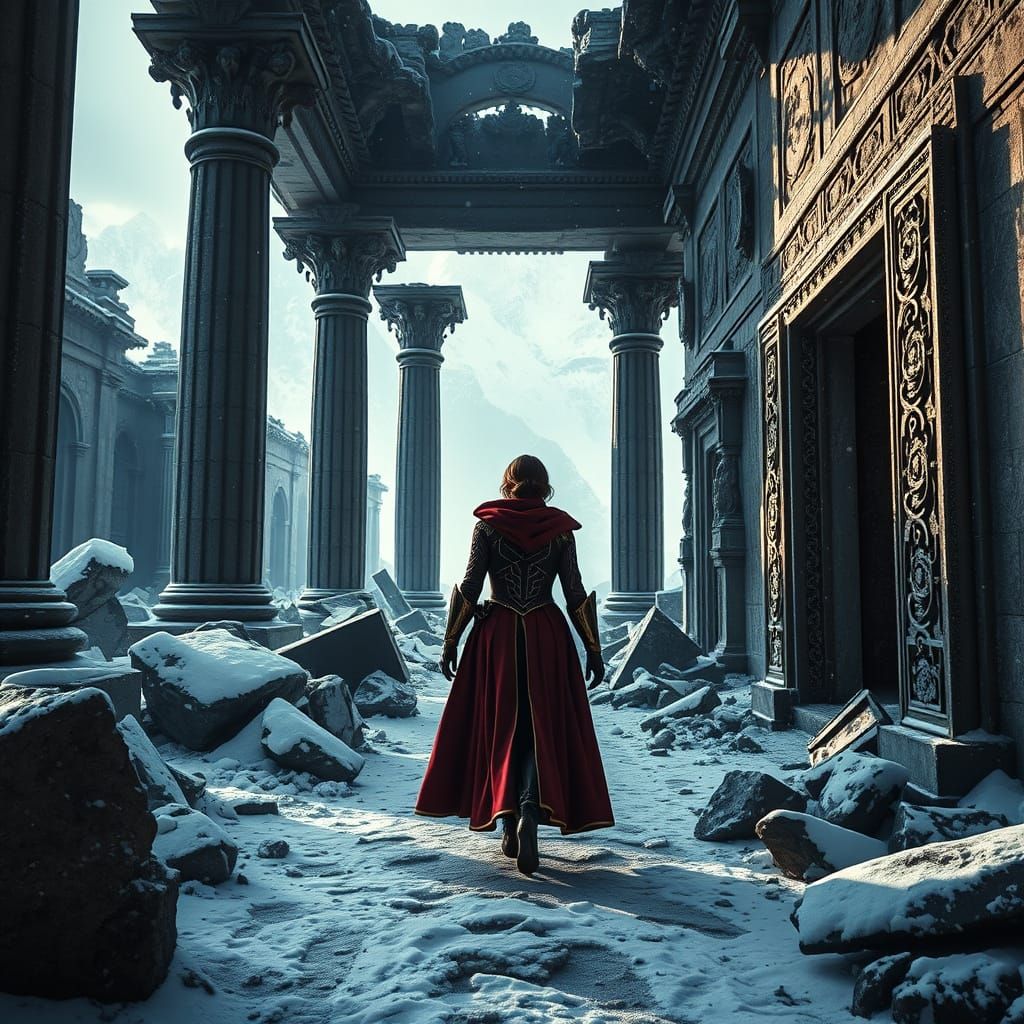 Scarlet Witch in a Snowy Temple Ruins, Dark Fantasy Art