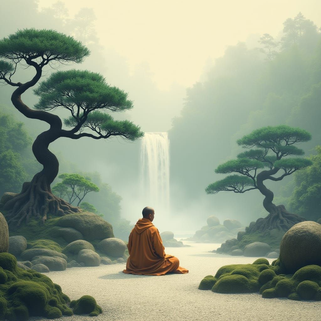 Serene Zen Garden with Meditating Monk