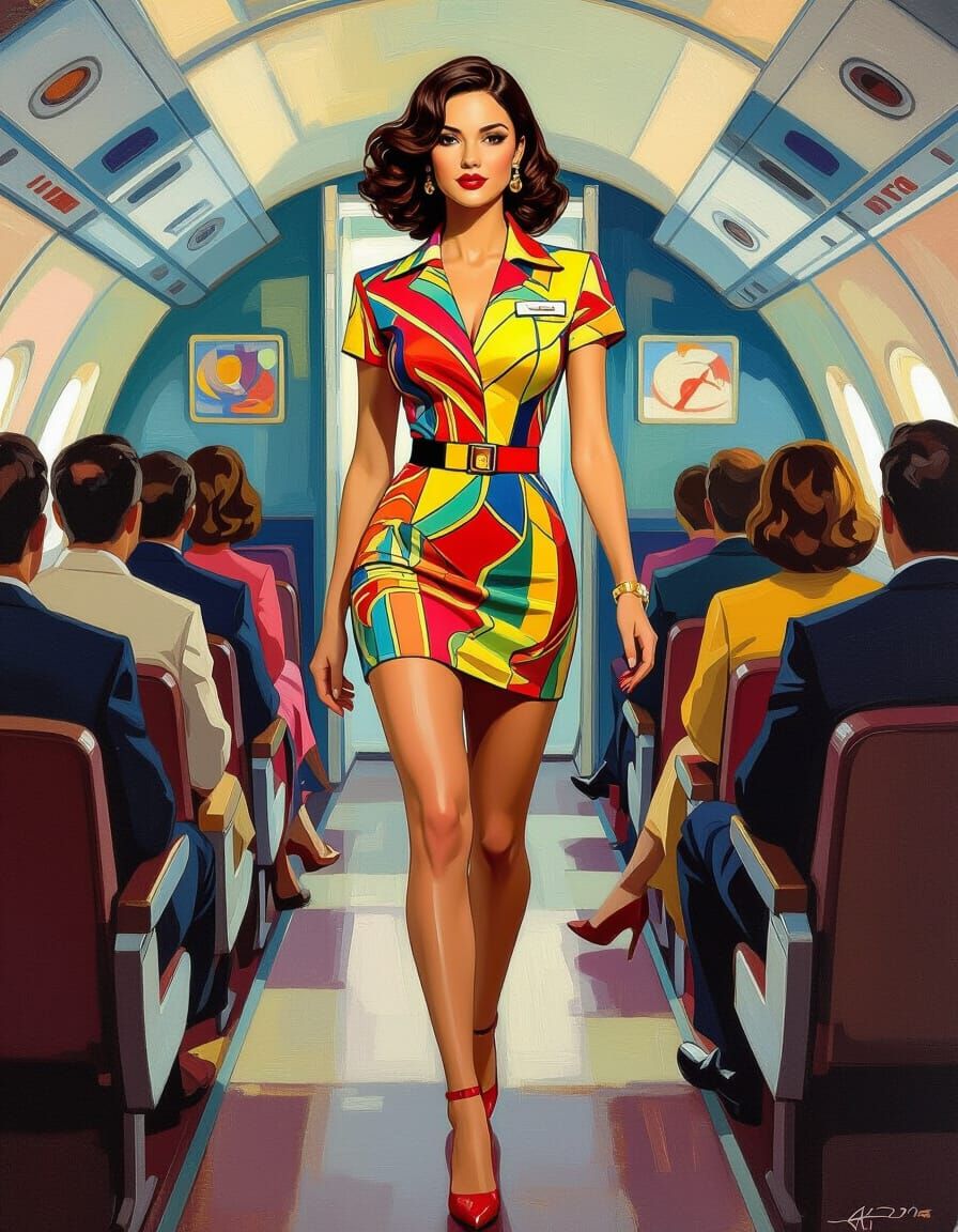 Retrofuturistic Spaceplane Flight Attendant in Impressionist...