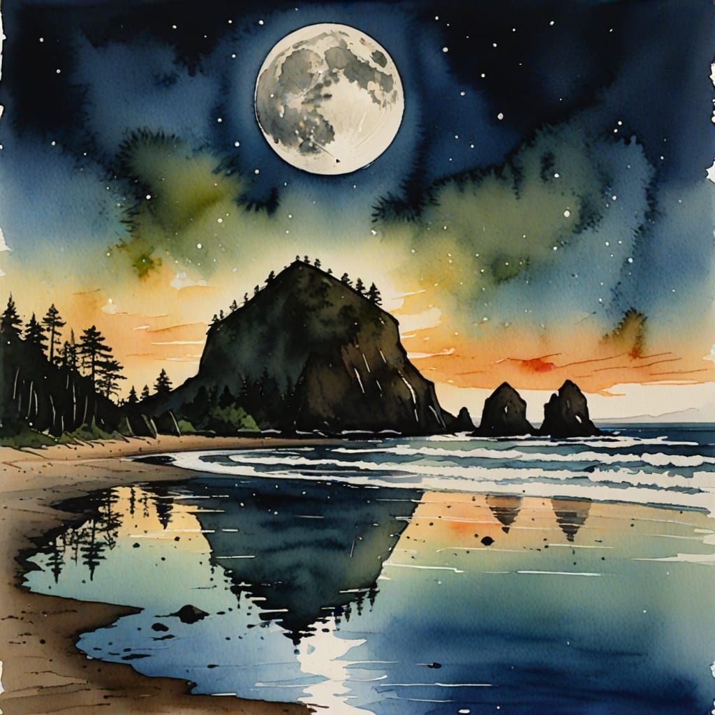 Haystack Rock Moonlit: Watercolor, Alcohol Ink, Gouache
