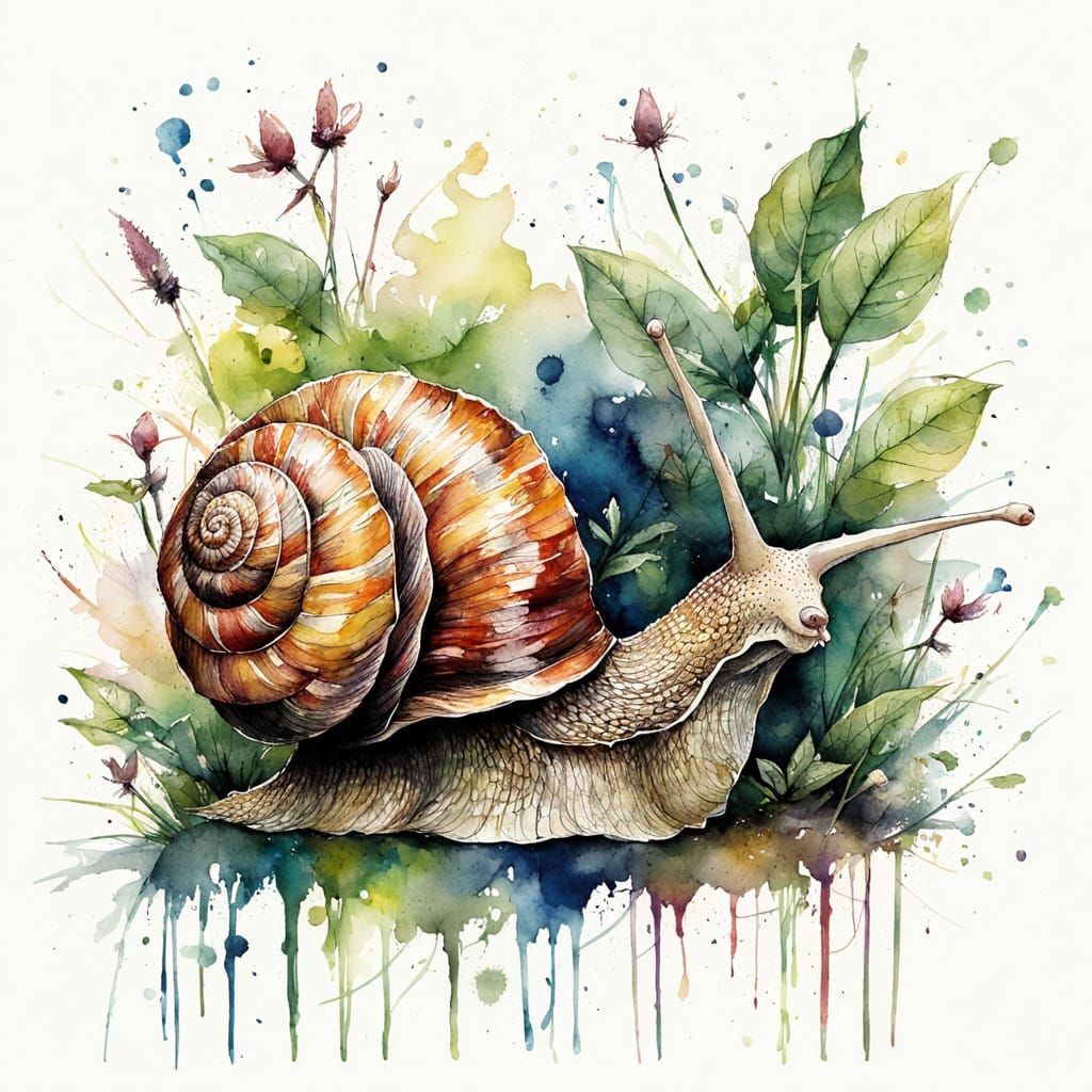 Cute Snail in Garden, Watercolor Style