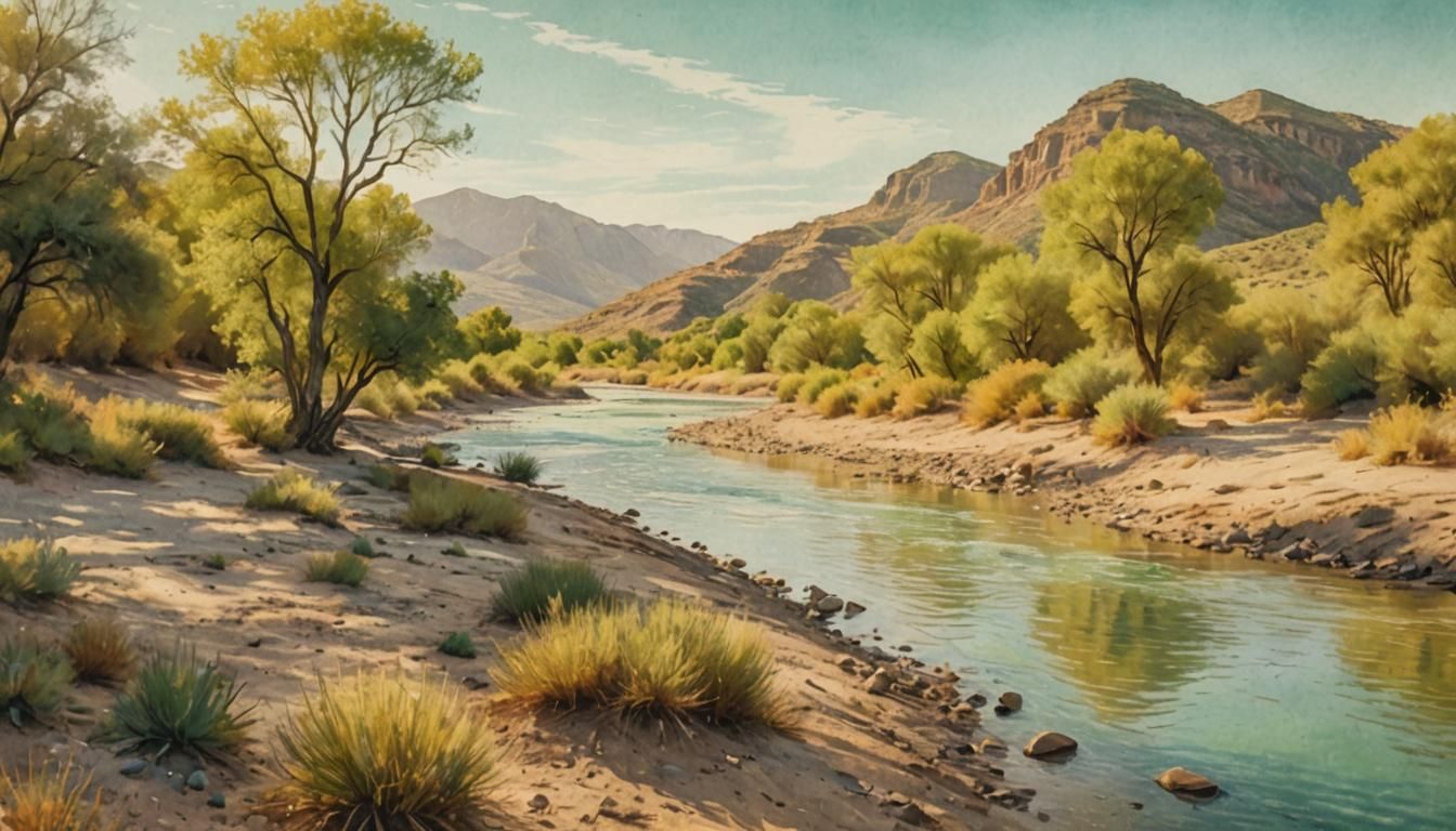 Rio Grande Swimming Hole in Watercolor Style
