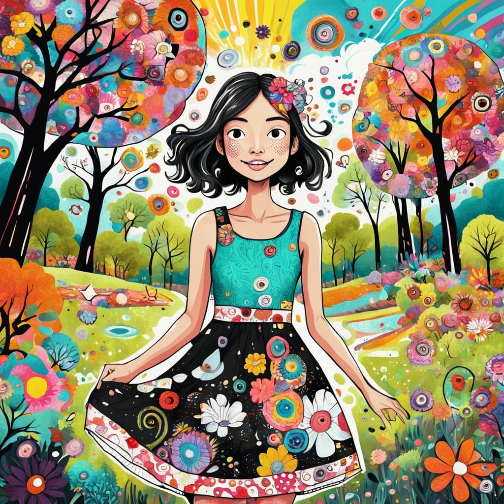 Cheerful Girl in Surreal Park: Pop Surrealism