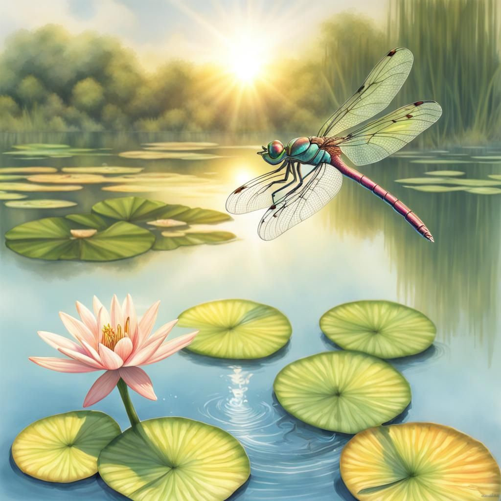 Pastel Dragonfly Landing Above Lily Pad Pond