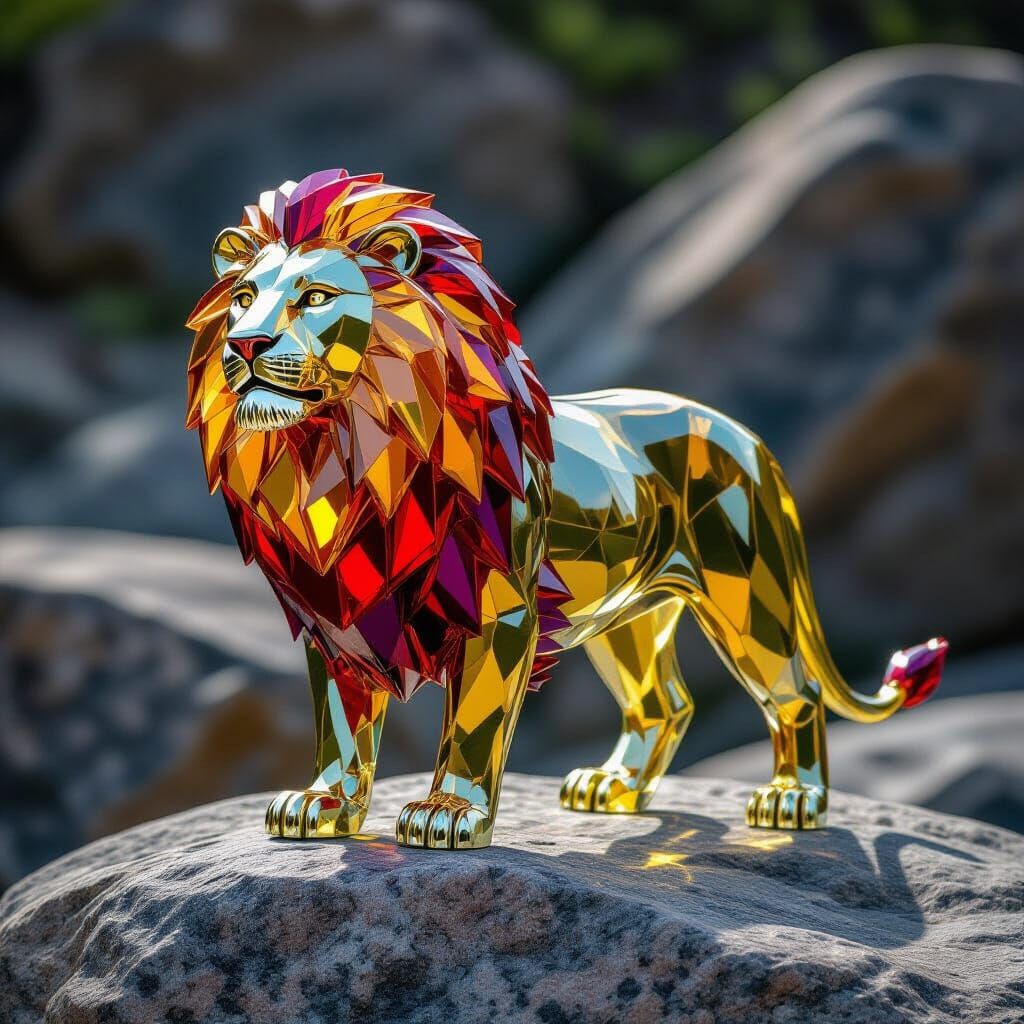 Colorful Glass Lion on Granite Rock