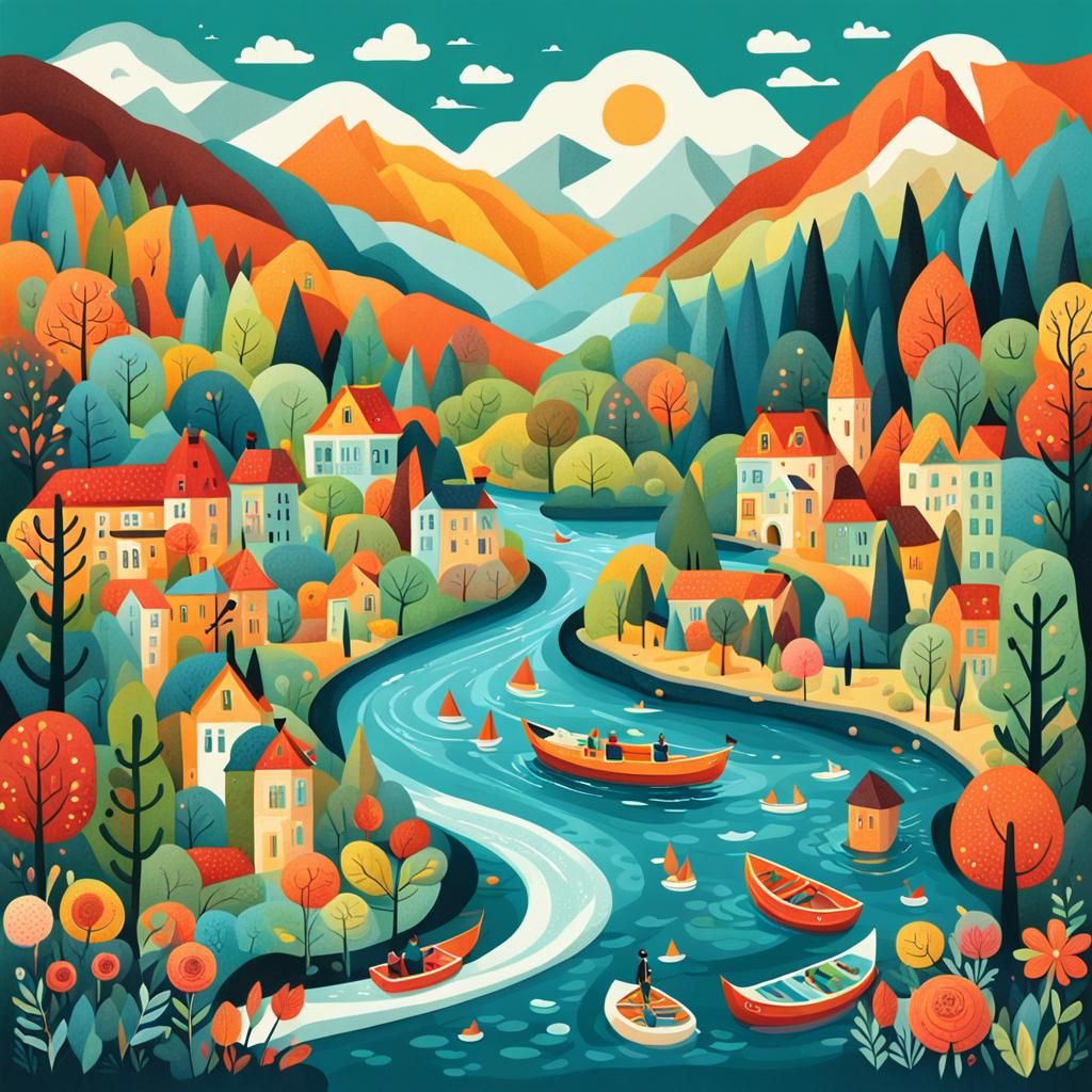 Colorful Riverscape Inspired by Folk Art