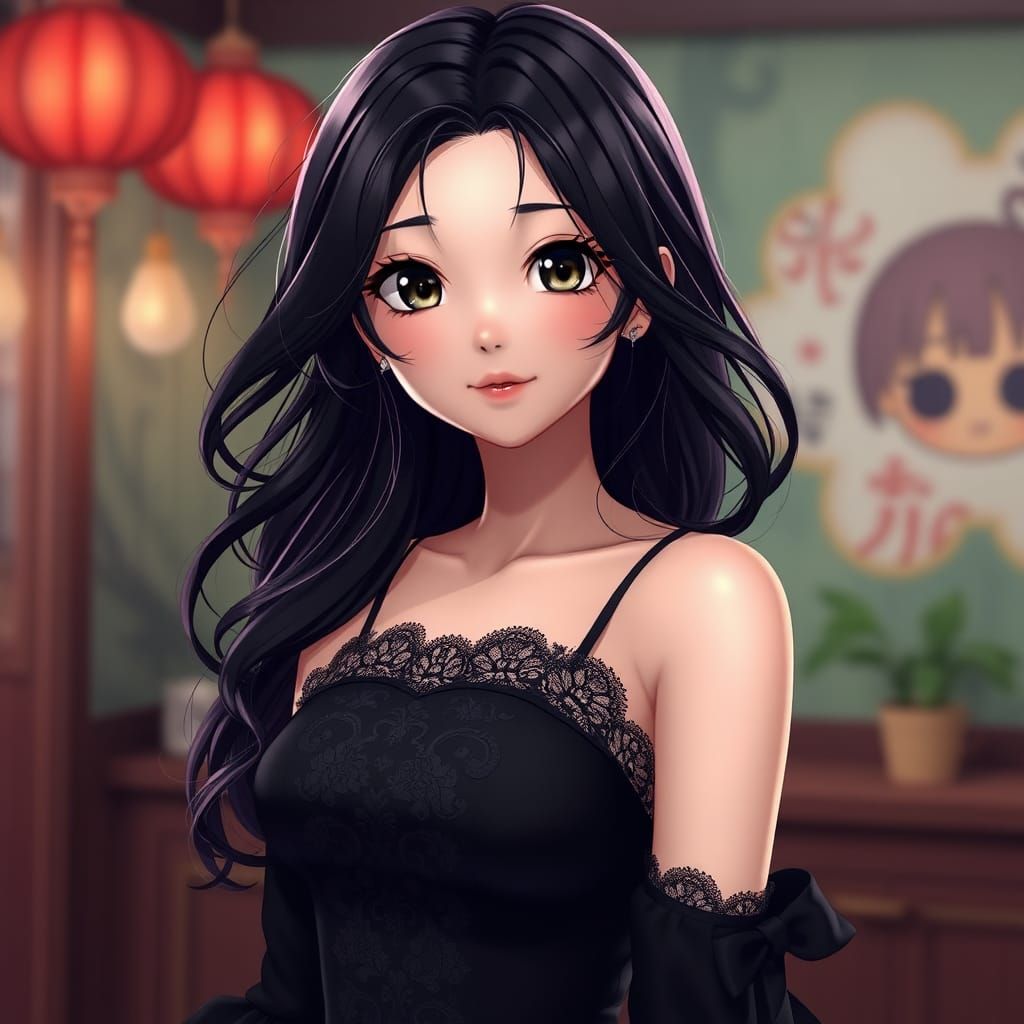 Anime Style Woman in Black Dress, 3D Render
