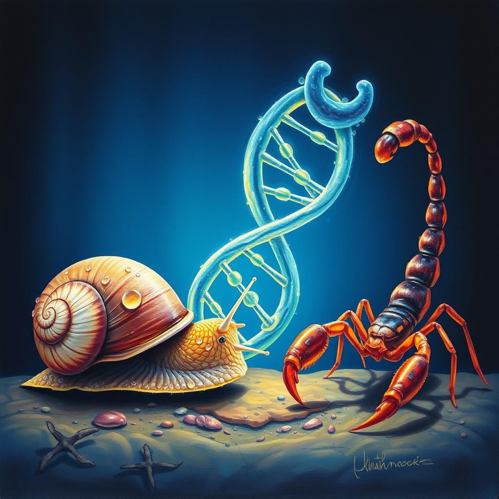Snail, Scorpion, and DNA in Futuristic Sci-Fi Art