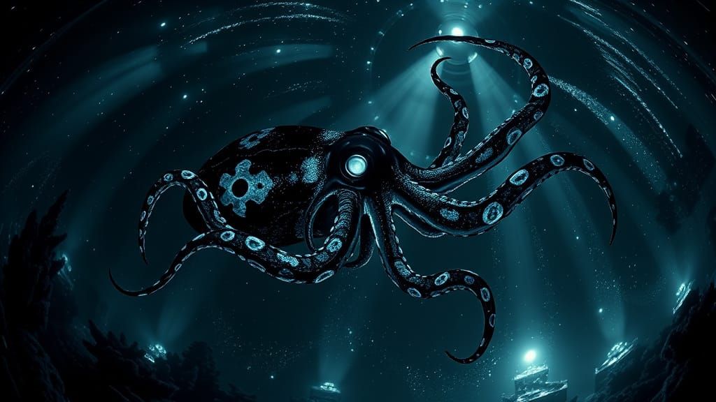 Giant Bioluminescent Squid in Deep Sea