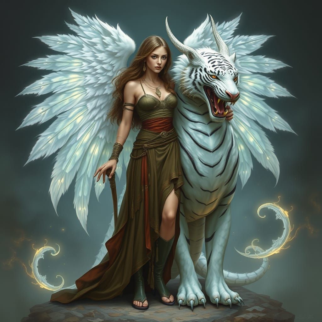Mystical Woman with White Tiger-Dragon Companion