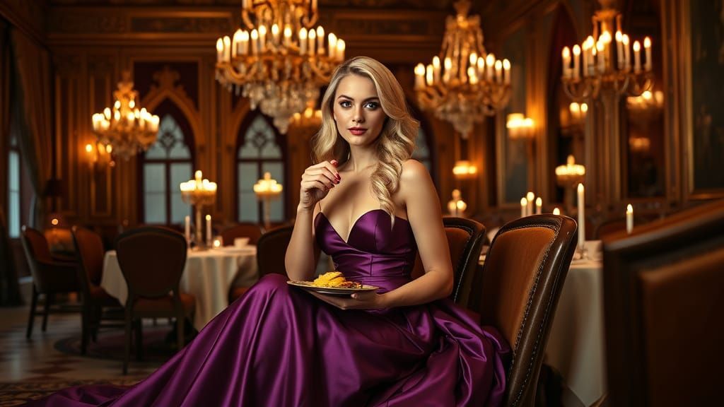Elegant Blonde Woman in Lavish Castle Restaurant