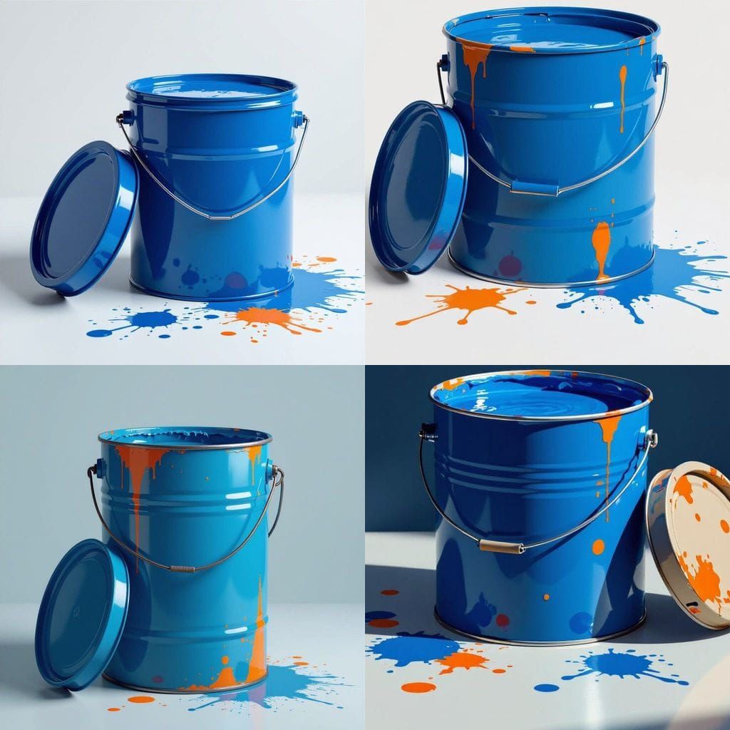 Blue Paint Can with Orange Spots, Simple Design