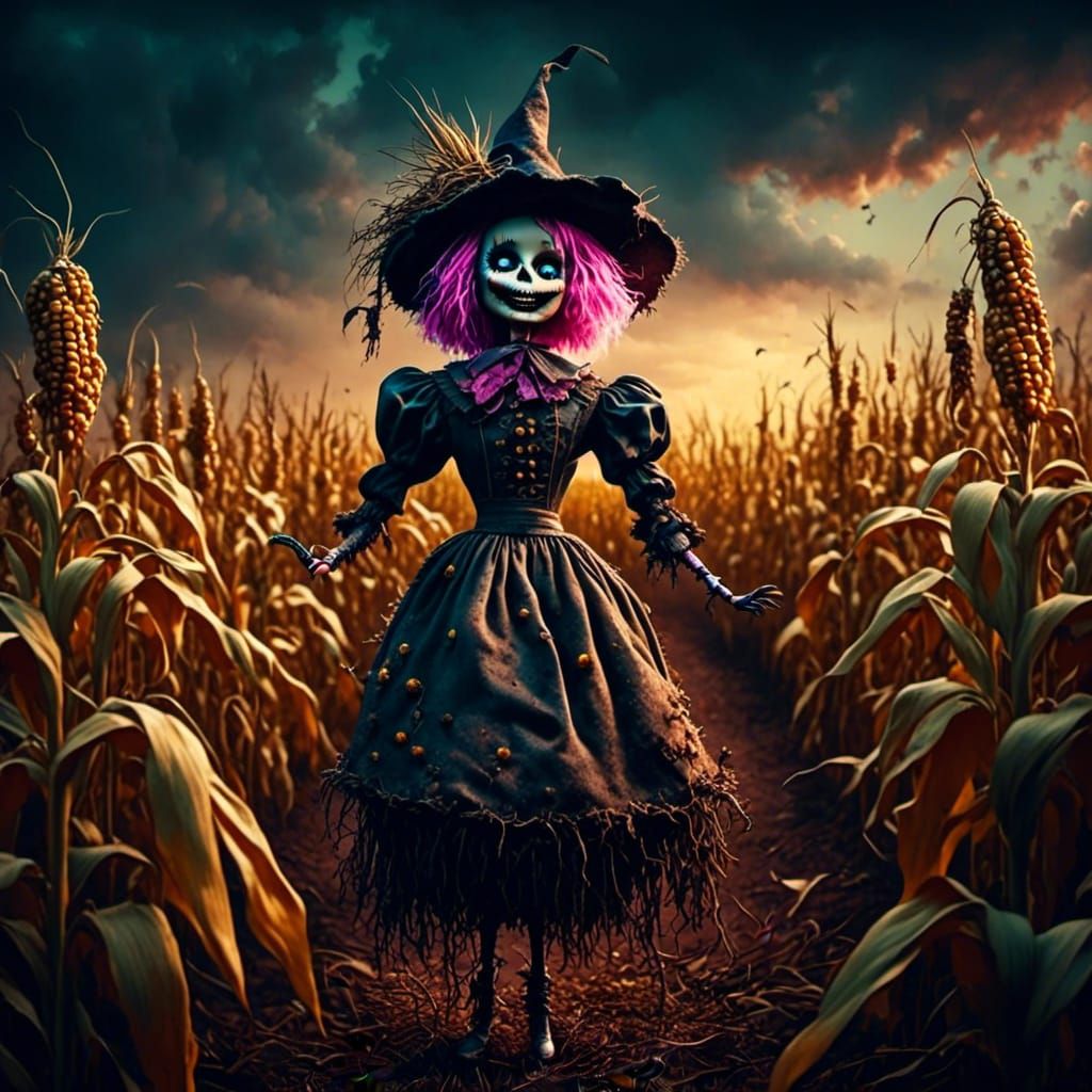 Creepy Doll Scarecrow in Cornfield, Dark Fantasy Art
