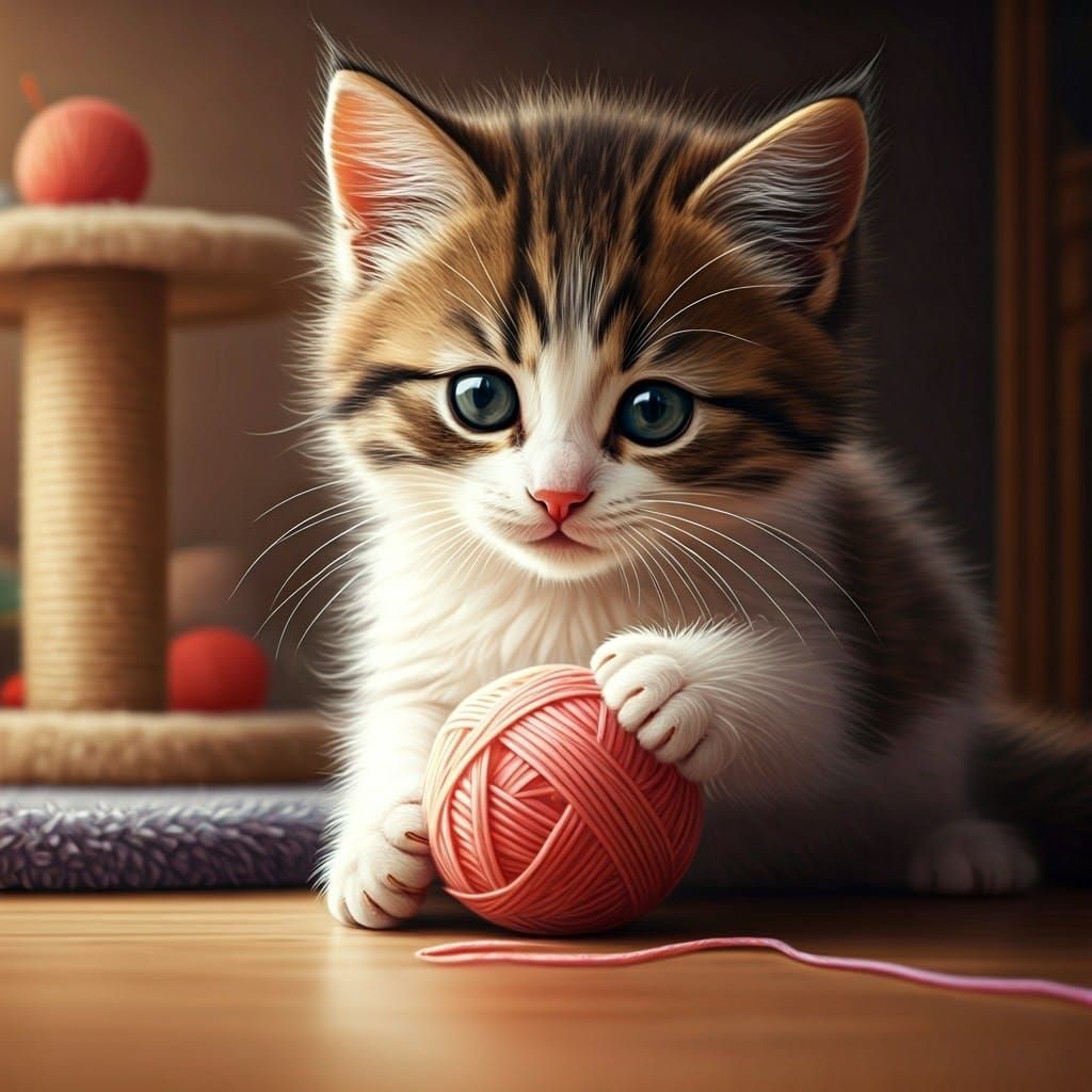 Whimsical Kitten with Yarn in Watercolor Style