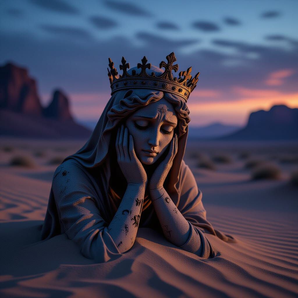 Grieving Statue in Desert, Caravaggio Style