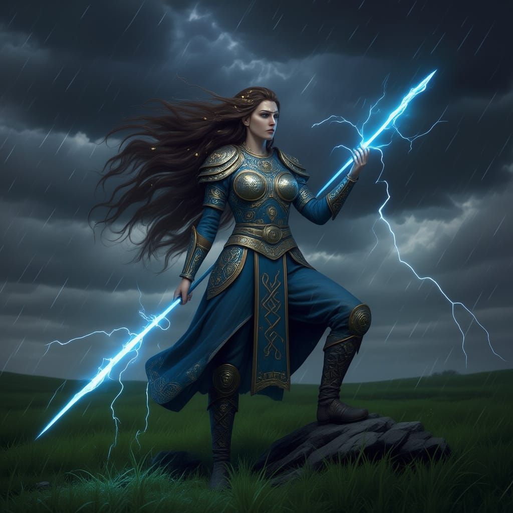 Perunica, Goddess of Storms, on Mountain Peak with Lightning...