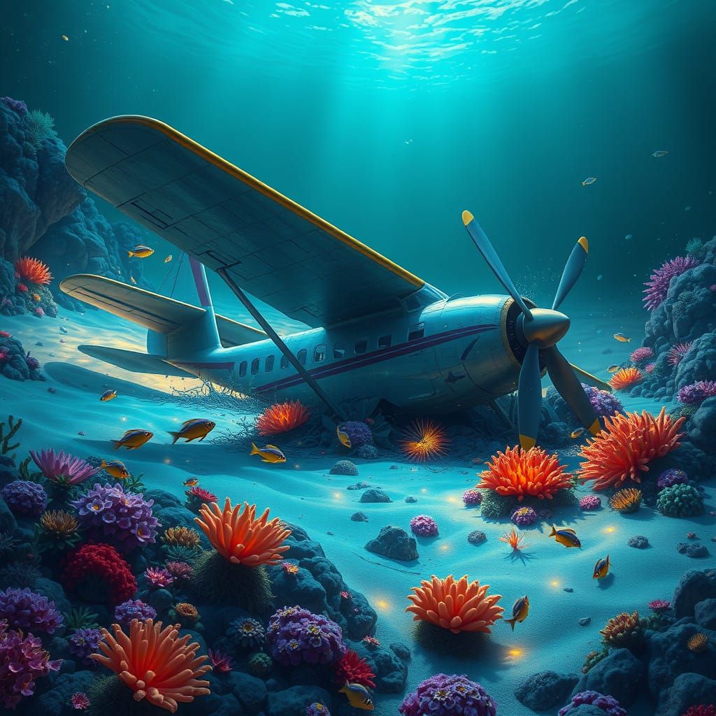 Vintage Propeller Plane Lost in Oceanic Garden