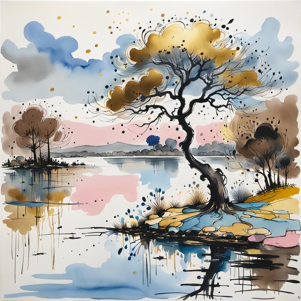 Tree Near Water in Quentin Blake Style