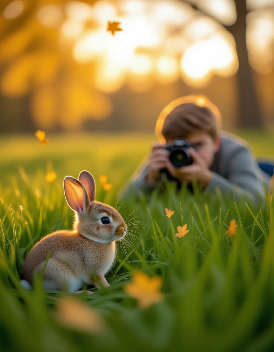 Rabbit Portrait with Boy Photographer at Golden Hour