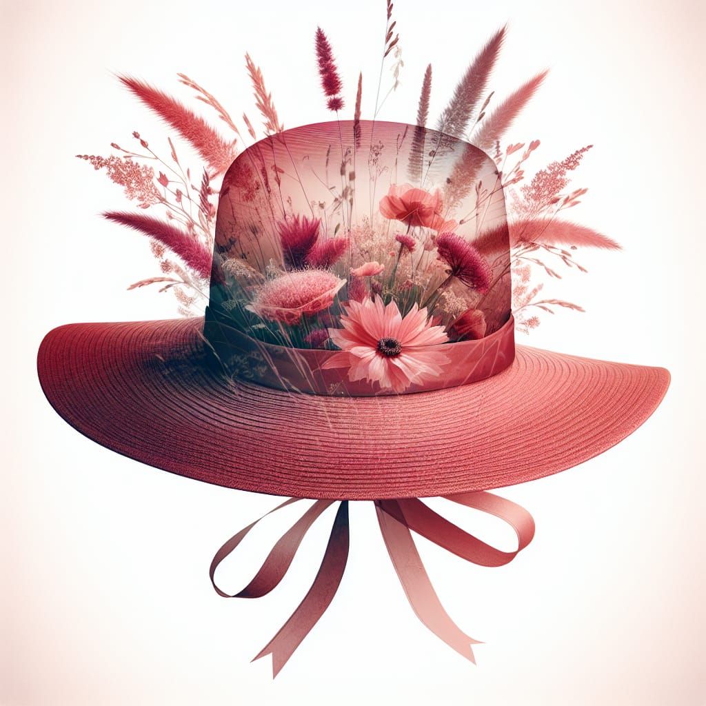 Digital Double Exposure of a Floral Hat in Soft Pink and Cri...