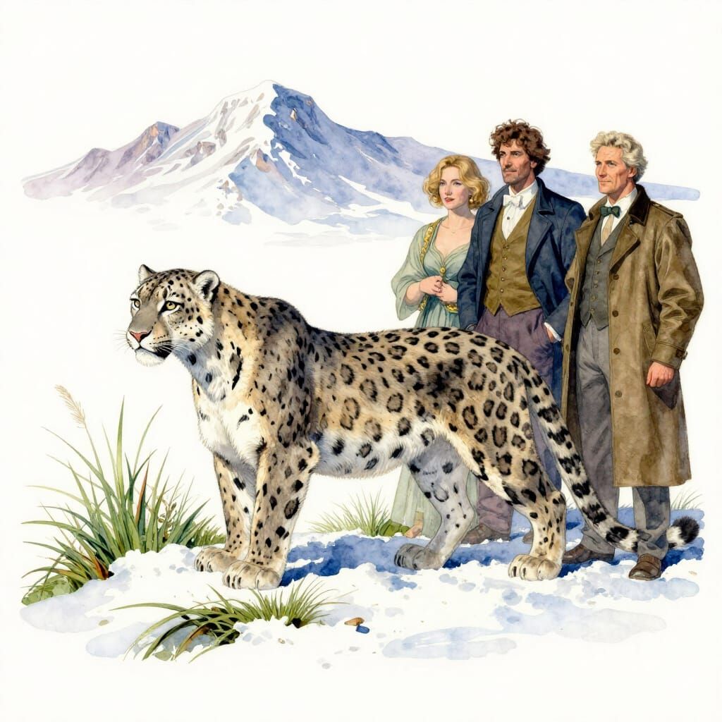 Snow Leopard, grass, snow, far in the distance mountains, Style Joachim Beuckelaer, watercolor, white background