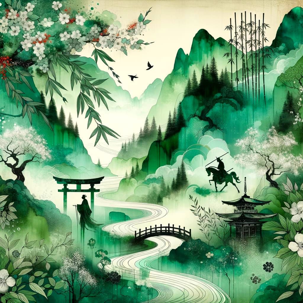 Tranquil Japanese Landscape in Monochromatic Greens