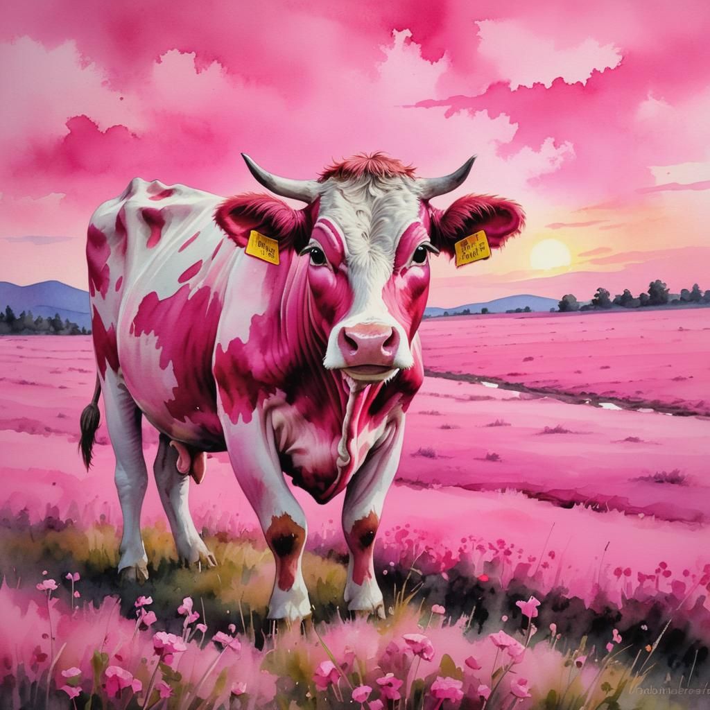 Vibrant Pink cow grazing in a pink field under the light of a pink sky. Theme pink. Medium water color.