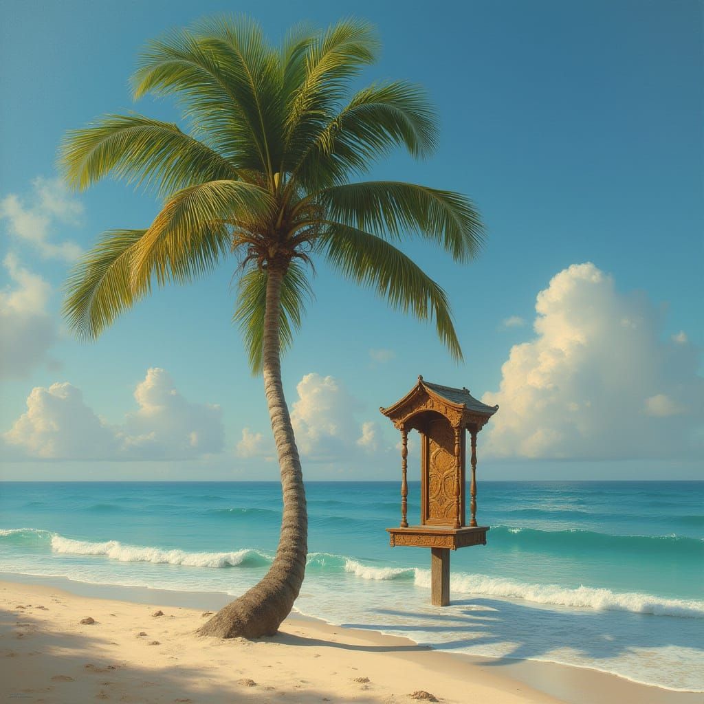 Palm Tree with Pulpit on Beach in Shishkin & Bierstadt Style