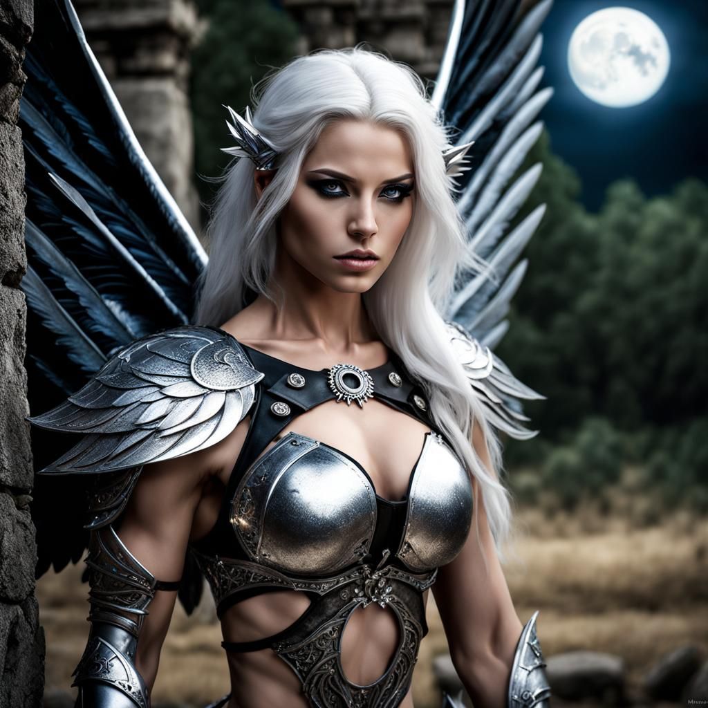Moon Elf Angel Warrior in Dark Ruins: Hyperrealistic Render