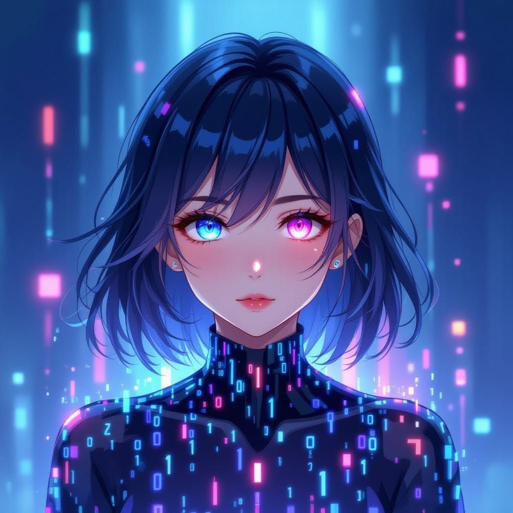Anime Portrait of Woman Made of Binary Code