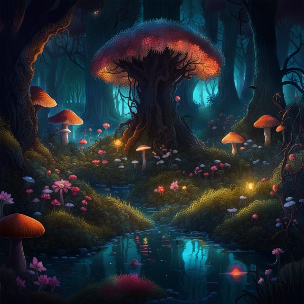 Magical Glowing Mushroom Forest at Night