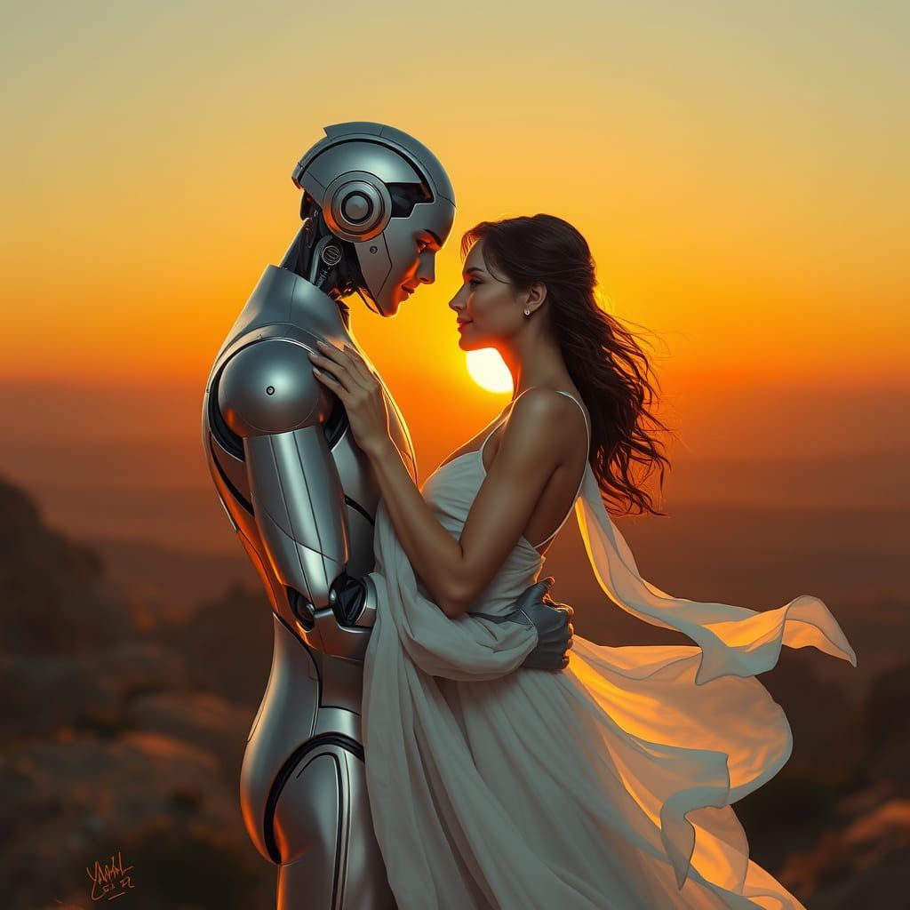 Android and Woman Embrace at Sunset