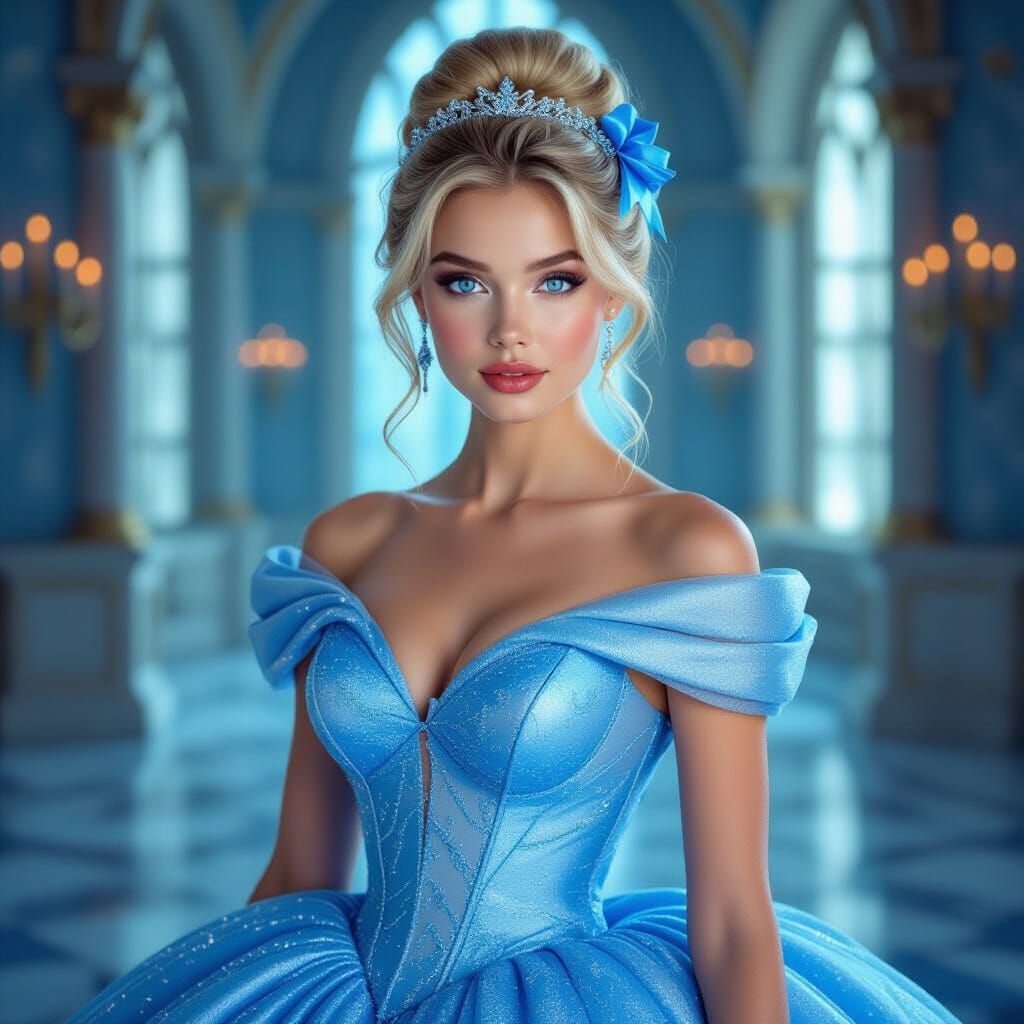 Blonde Woman in Blue Gown in Fairytale Castle