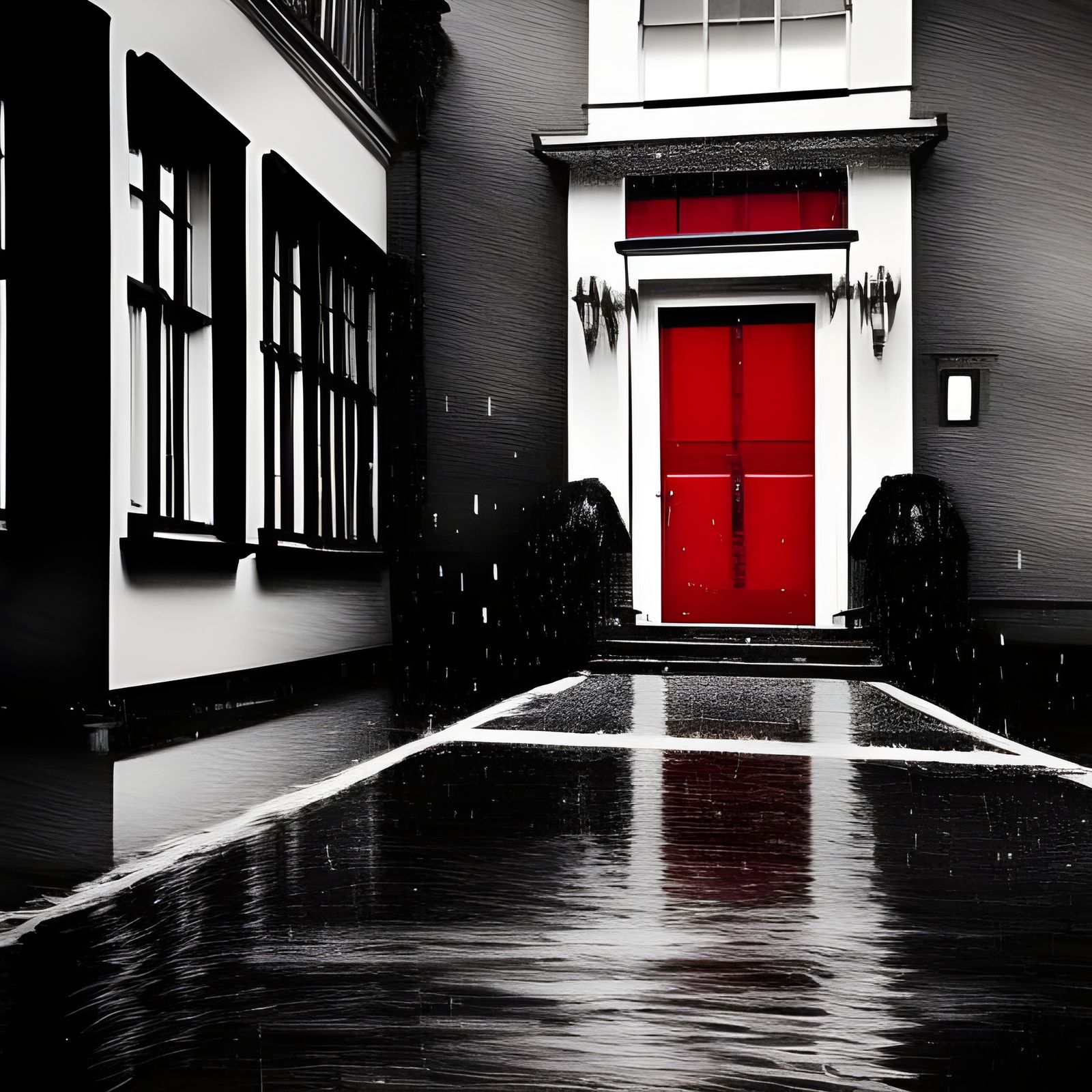 Victorian House with a Red Door in Black and White