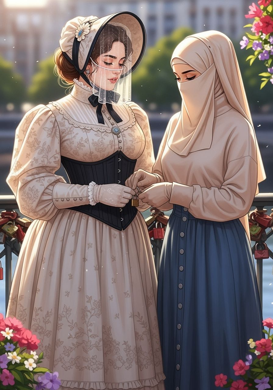 Victorian Women Securing Padlocks on City Bridge