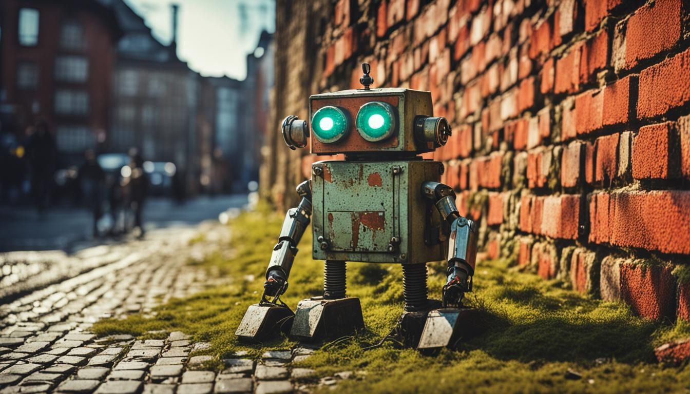 Retro Robot on Cobblestone Street, Hyperrealistic Art