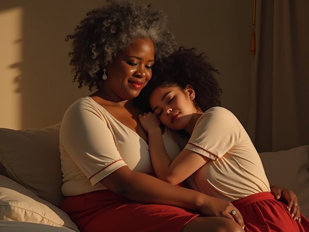 Intimate Moment: Two Women Embrace on Sofa