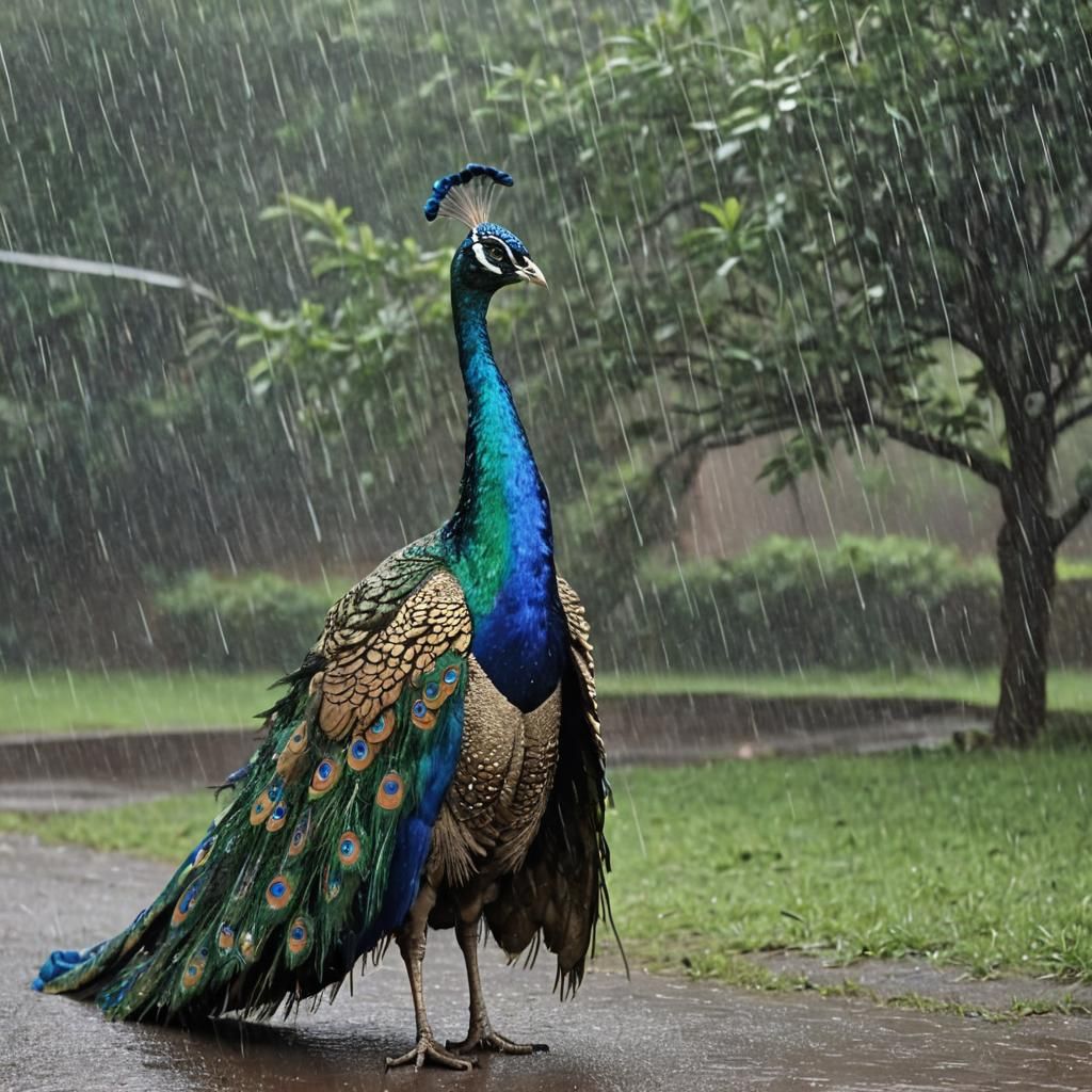 peacock standing in the rain
