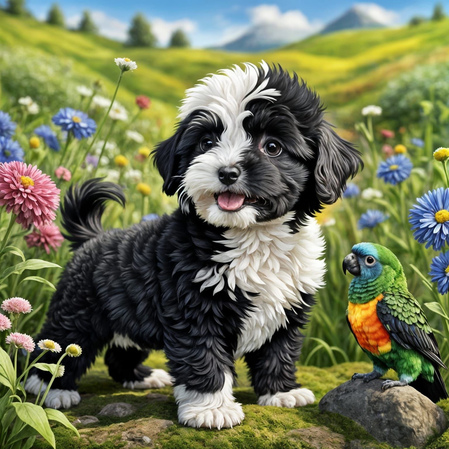 Realistic Maltipoo Puppy with Conure in a Vibrant Wildflower...