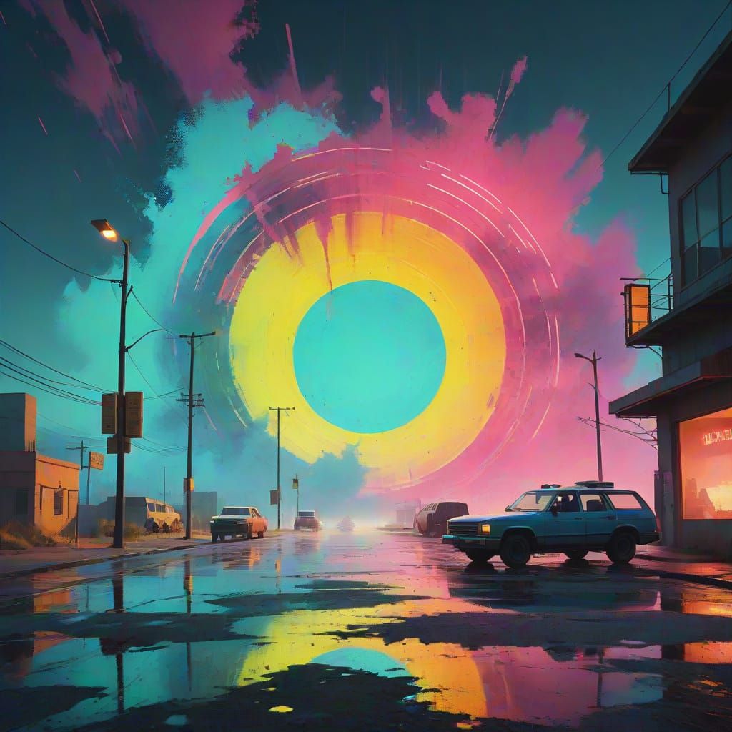 Surreal Futuristic Cityscape in Abstract Expressionism Style