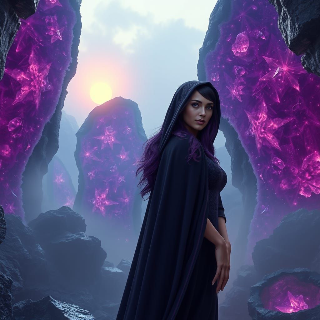 Surreal Goddess Awakens Amidst Amethyst Geodes in Mystical V...