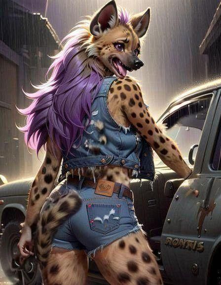 Stunning Cartoonish Furry Hyena in Torrential Rain