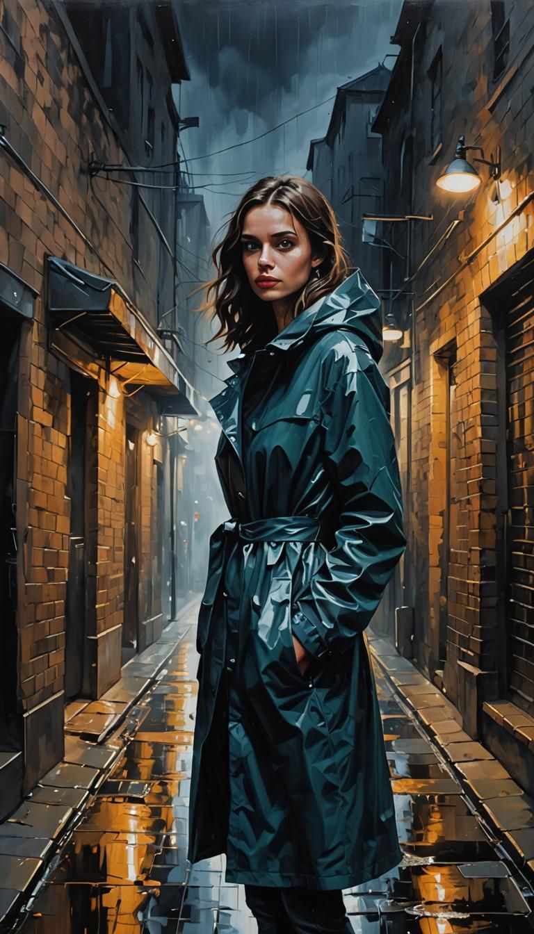 Woman in Raincoat in Dark Alley Oil Painting