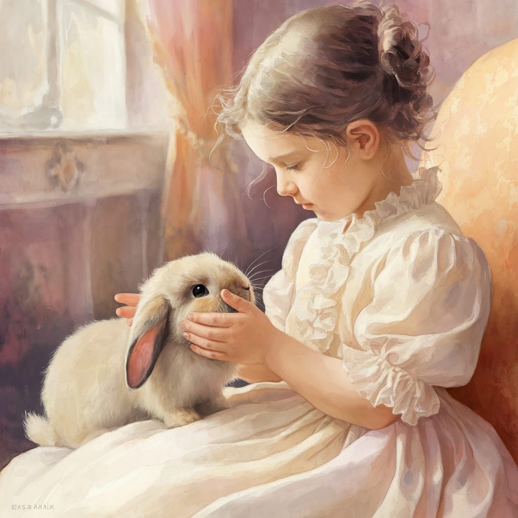Gentle Victorian Girl with Bunny in Soft Watercolor