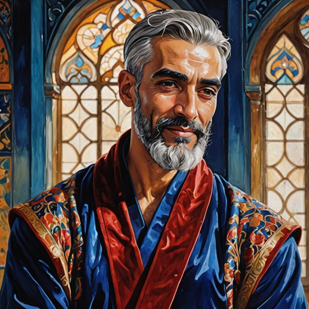 Cheerful Man in Blue Robe, Art Nouveau Impressionism