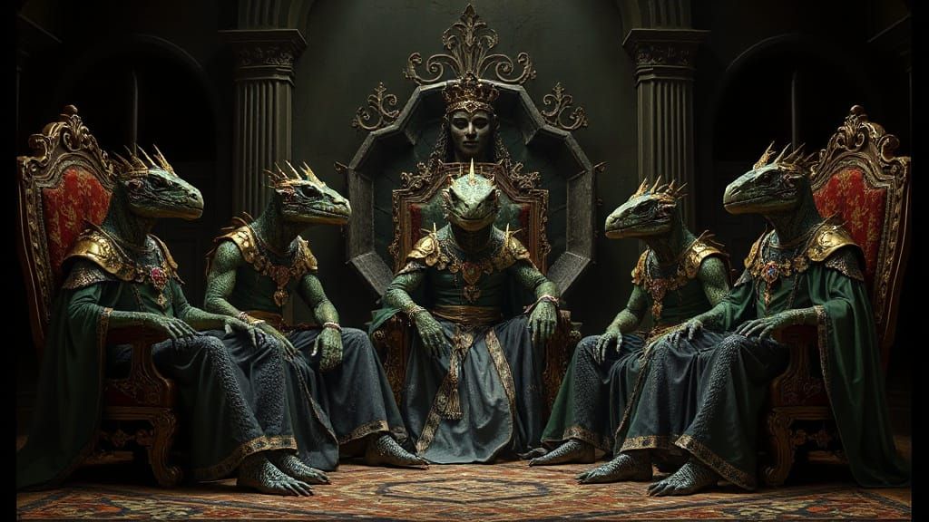 Regal Reptilian Rulers in Gothic Throne Room